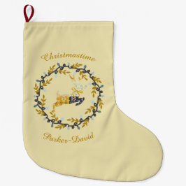 Calcetín Navideño Grande Merry Christmas Deer with Wreath Yellow Customize