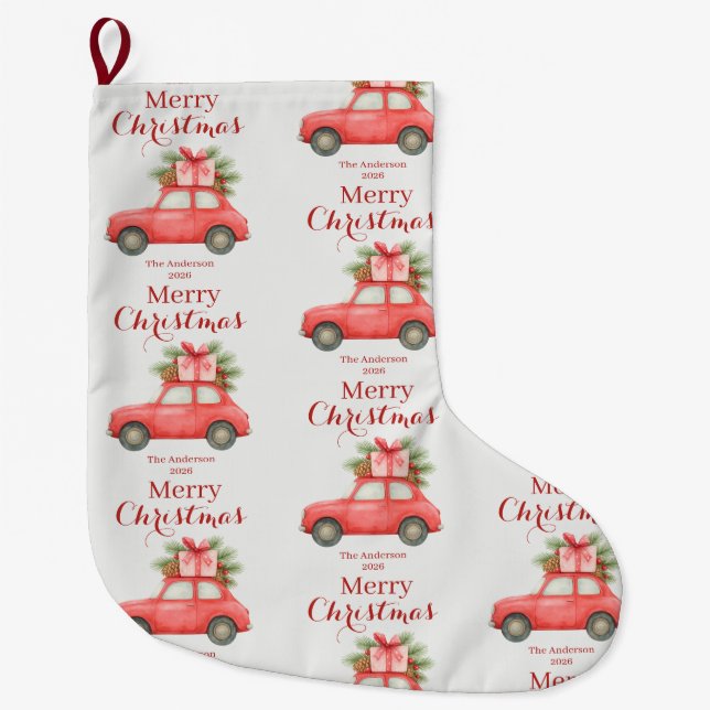 Calcetín Navideño Grande Merry Christmas Red Car – Personalized Holiday (Anverso)