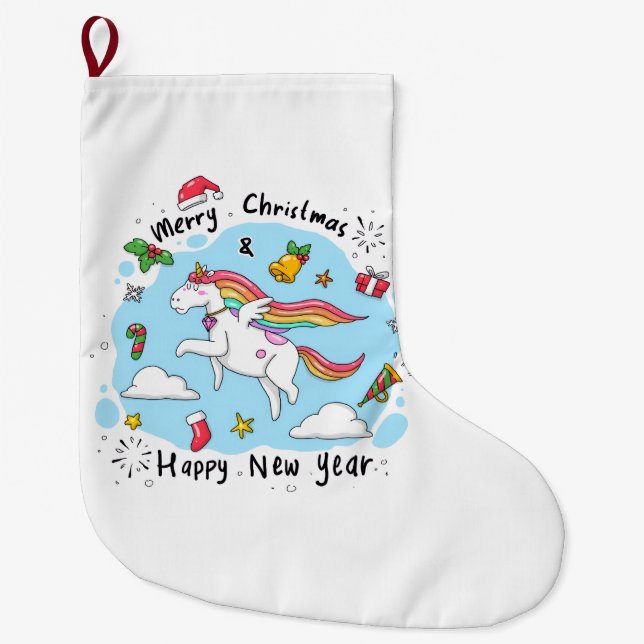 Calcetín Navideño Grande Merry Christmas Stocking, Unicorn (Anverso)