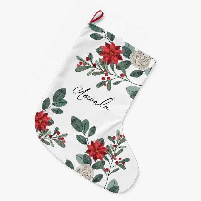 Calcetín Navideño Grande Merry Christmas Winter Floral (Frente (Colgado))