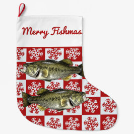 Calcetín Navideño Grande Merry Fishmas Largemouth Bass Fiebre Snowflake