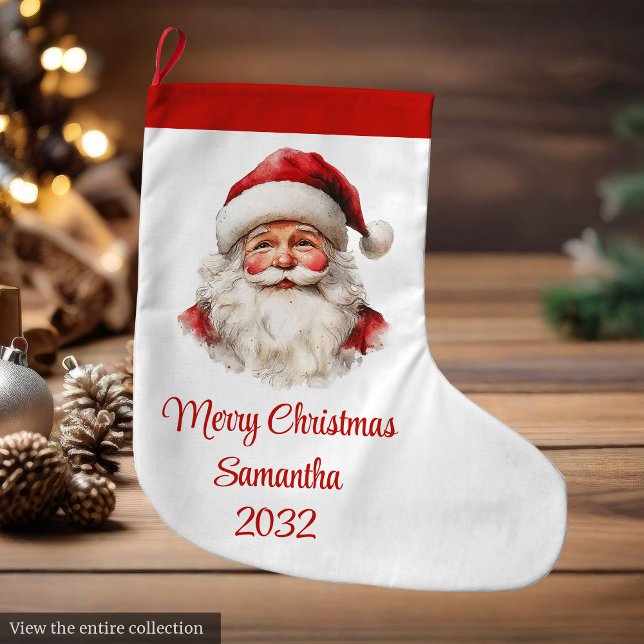 Calcetín Navideño Grande Merry Santa Claus Custom Name Editable Stocking (Merry Santa Claus Custom Name Editable Stocking)