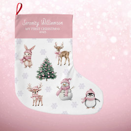 Calcetín Navideño Grande Mi primer Navidad Personalizado Bebé Niña Bosque