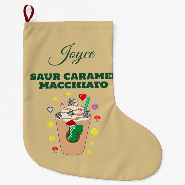 Calcetín Navideño Grande Mikitiez Trex dinosaur icedcoffee caramelo xmas (Anverso)