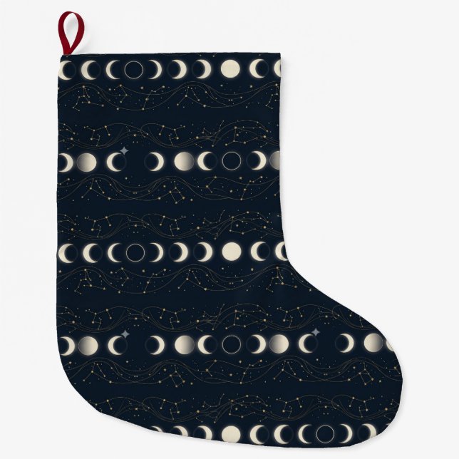 Calcetín Navideño Grande Minimalist Lunar Phases Pattern with Stars and Nig (Anverso)