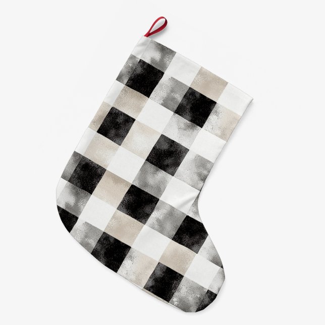 Calcetín Navideño Grande Moda Cream Black Plaid Navidades (Frente (Colgado))