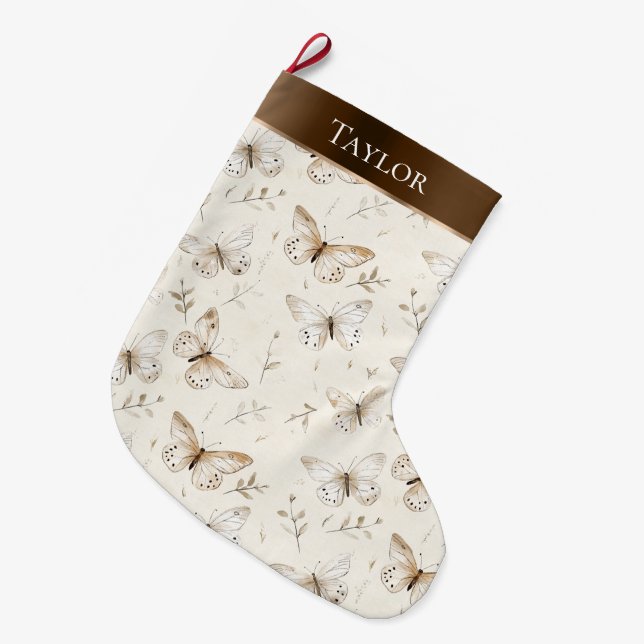 Calcetín Navideño Grande Moda Cream White Brown Butterflies Navidades (Frente (Colgado))