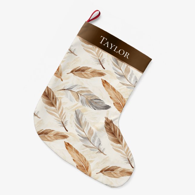 Calcetín Navideño Grande Moda Cream White Brown Fethers Navidades (Frente (Colgado))