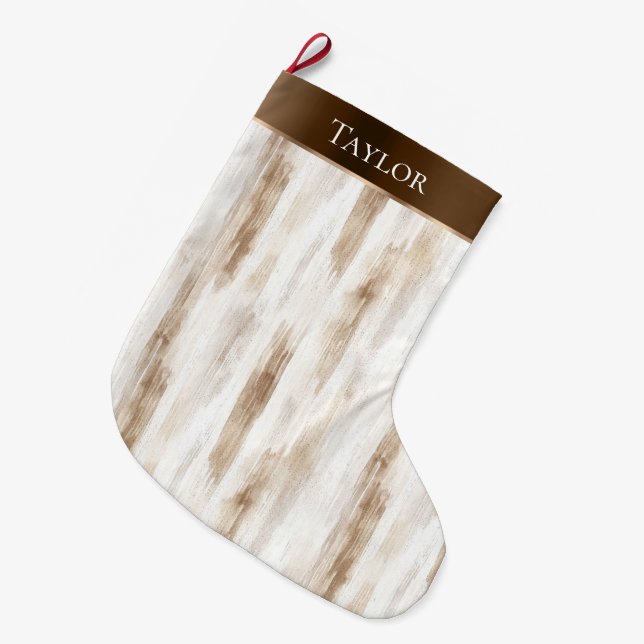 Calcetín Navideño Grande Moda Cream White Brown Stripes Navidades (Frente (Colgado))