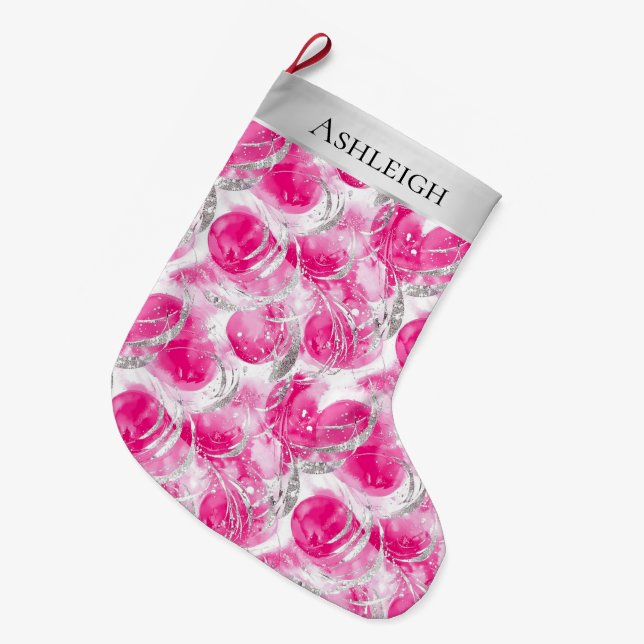 Calcetín Navideño Grande Moda de plata Navidades de vidrio rosado (Frente (Colgado))