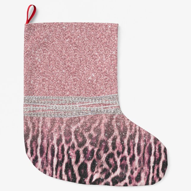 Calcetín Navideño Grande Moda Girly Pink Leopard Purpurina de impresión ani (Anverso)