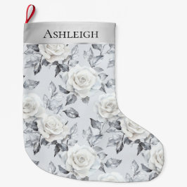 Calcetín Navideño Grande Moda Plata Navidades florales de rosas blancas
