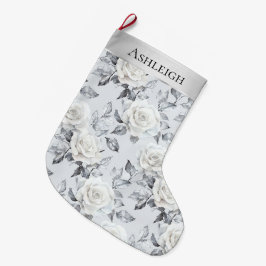 Calcetín Navideño Grande Moda Plata Navidades florales de rosas blancas