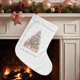 Calcetín Navideño Grande Modern Blush Christmas Tree Personalized Stocking
