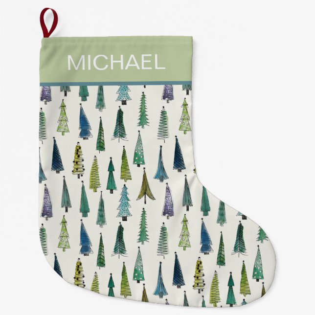 Calcetín Navideño Grande Modern Christmas Trees Pattern Personalised (Anverso)