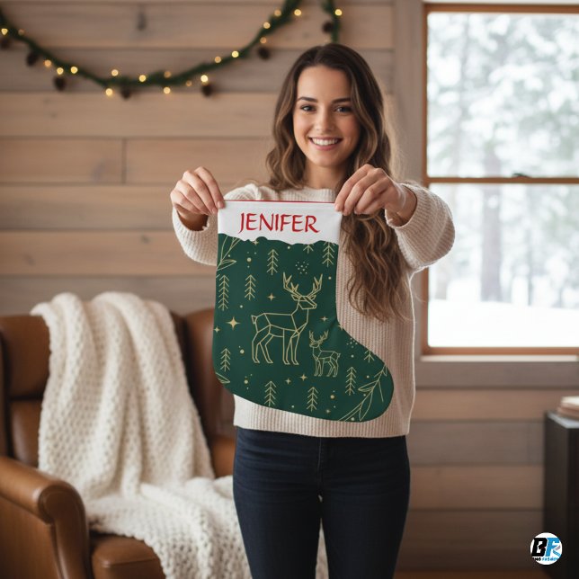 Calcetín Navideño Grande Modern Geometric Deer-Forest Green & Gold Minima (#christmas)