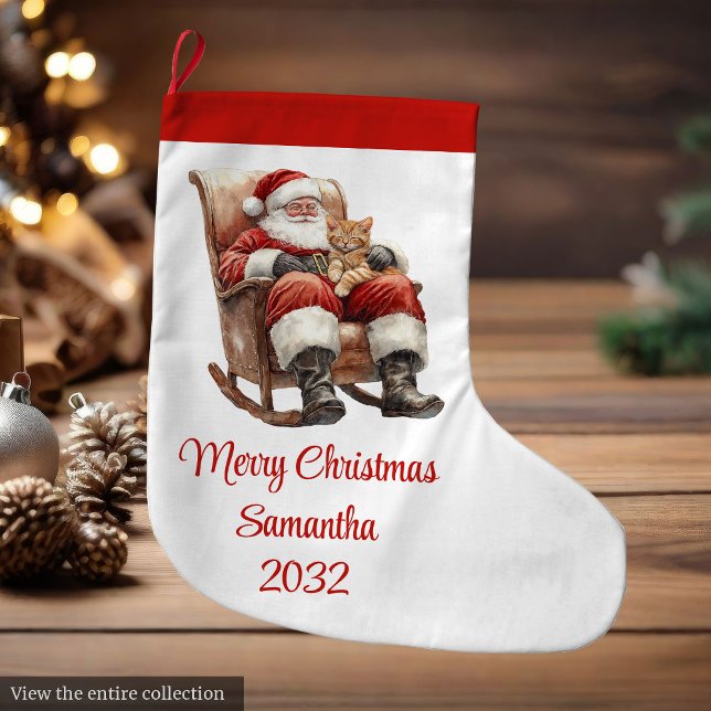 Calcetín Navideño Grande Modern Santa Claus Simple Script Font Stocking (Modern Santa Claus Simple Script Font Stocking)