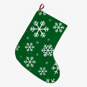 Calcetín Navideño Grande Moderna Feliz Navidad Snowflakes Pattern Green