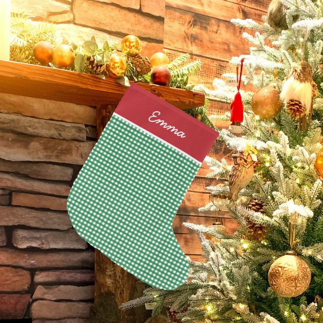 Calcetín Navideño Grande Monograma de nombre de Gingham rojo y verde (Subido por el creador)