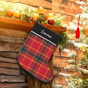 Calcetín Navideño Grande Monograma de nombre de Gingham rojo y verde