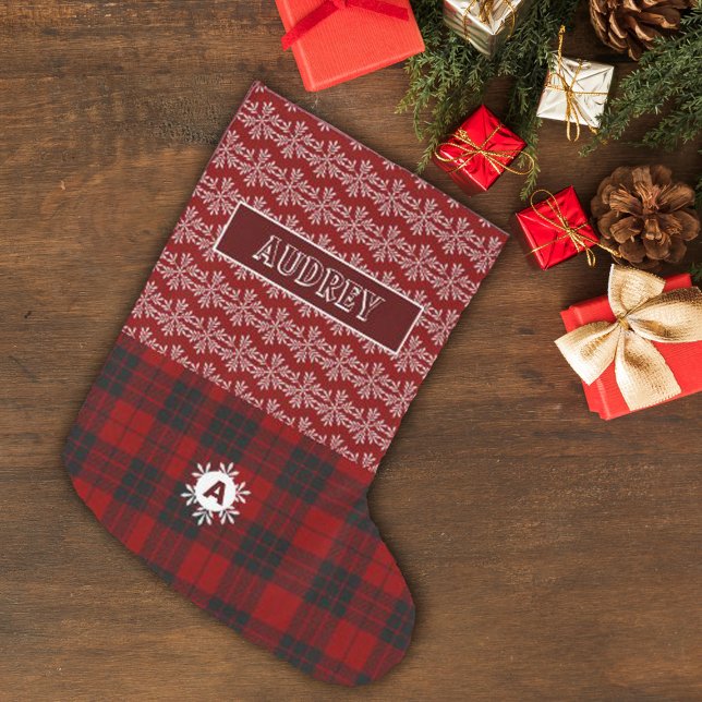 Calcetín Navideño Grande Monograma de Red Tartan Plaid Snow Flake Cute (Subido por el creador)
