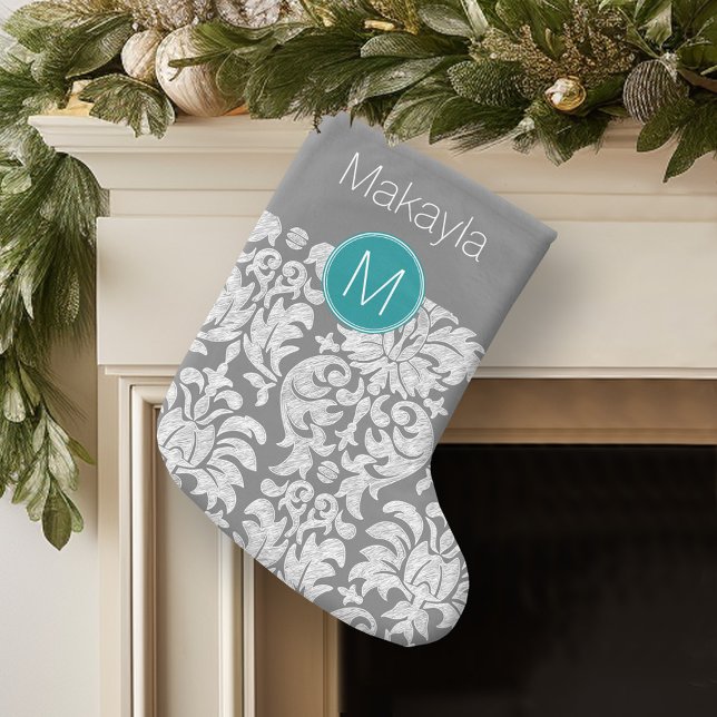 Calcetín Navideño Grande Monograma del modelo de Damasco gris y Verde azula (Personalized Christmas Stocking)
