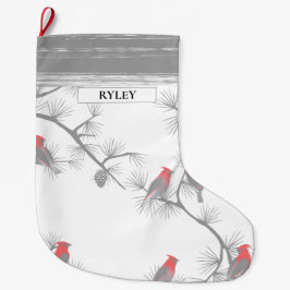 Calcetín Navideño Grande Monograma del patrón de ramas grises de las aves r