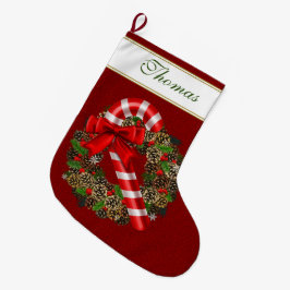 Calcetín Navideño Grande Monograma elegante Personalizado de cinta roja de 