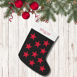 Calcetín Navideño Grande Monograma moderno del patrón estrella negra y roja