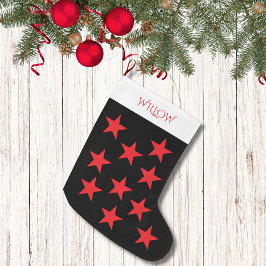 Calcetín Navideño Grande Monograma moderno del patrón estrella negra y roja