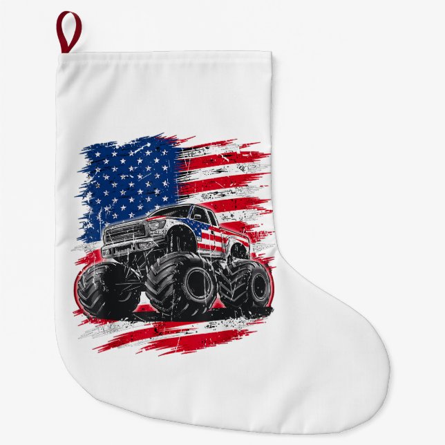 Calcetín Navideño Grande Monster Truck Bandera de Estados Unidos (Anverso)