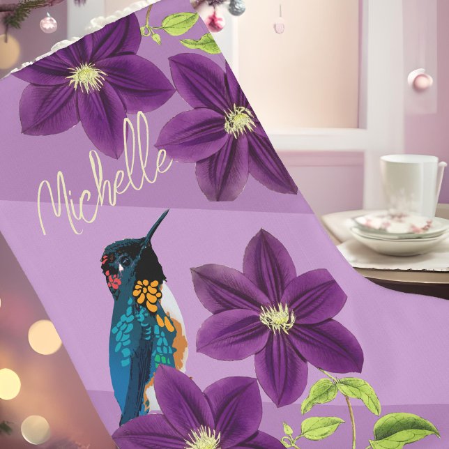 Calcetín Navideño Grande Morado Hummingbird Clematis Flower Flower Holiday (Personalized purple Christmas stocking Hummingbird drawing & Clematis flower aesthetic holiday decor)