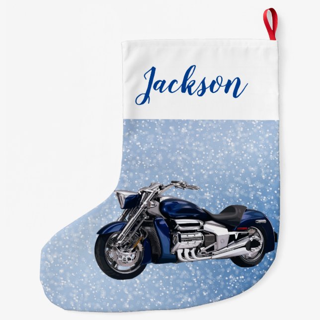 Calcetín Navideño Grande Motocicleta azul y nieve (Reverso)