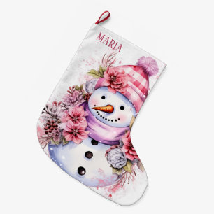 Calcetín Navideño Grande Mujer de nieve rosa festiva añada nombre