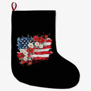 Calcetín Navideño Grande Mujeres 4 de julio Flor americana Bandera Flores s