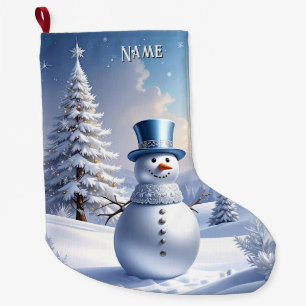 Calcetín Navideño Grande Muñeco de nieve con sombrero azul árbol de Navidad