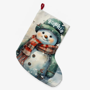 Calcetín Navideño Grande Muñeco de nieve personalizado con acuarela linda