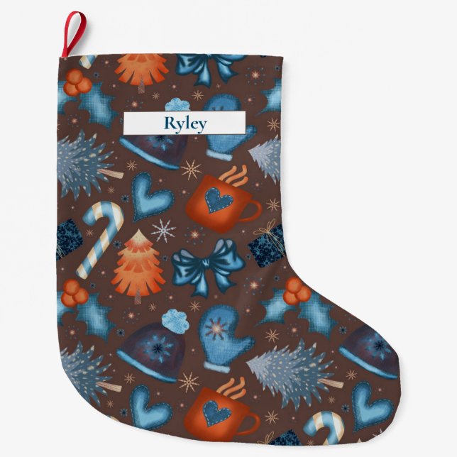 Calcetín Navideño Grande Naranja azul marrón de vacaciones de invierno fest (Anverso)