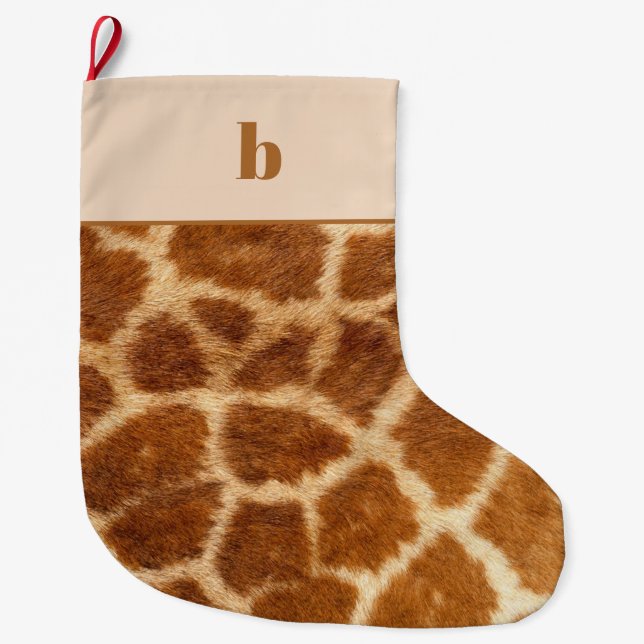 Calcetín Navideño Grande Naranja Brown Giraffe Print Monogram Navidades (Anverso)