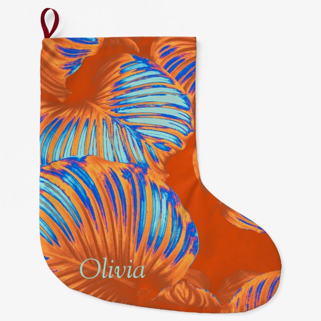 Calcetín Navideño Grande Naranja quemado y hojas tropicales de azul eléctri (Anverso)