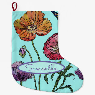 Calcetín Navideño Grande Naranja Red Aquamarine Poppy Poppies Flor Floral