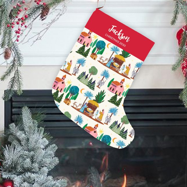 Calcetín Navideño Grande Nativity Scene Ecru Hand drawn Christmas (Nativity Scene Ecru Hand drawn Christmas Large Christmas Stocking)