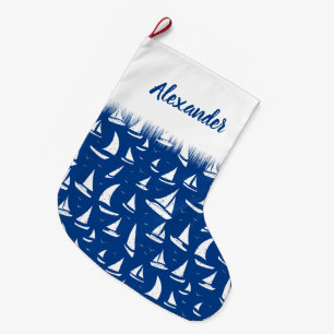 Calcetín Navideño Grande Náuticas de vela y yates blancos sobre azul