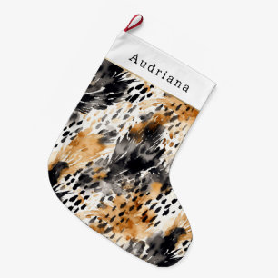 Calcetín Navideño Grande Navidad Abstracta Animal Leopardo Negro Marrón