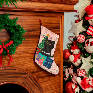 Calcetín Navideño Grande Navidad Alegre Festiva Gato Negro Mono Café Rosa