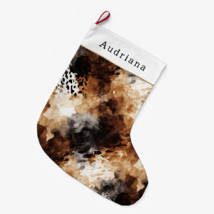 Calcetín Navideño Grande Navidad Animal Leopardo Negro Crema Marrón
