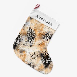 Calcetín Navideño Grande Navidad Animal Leopardo Negro Crema Naranja
