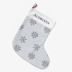 Calcetín Navideño Grande Navidad Copos de Nieve Gris Plateado