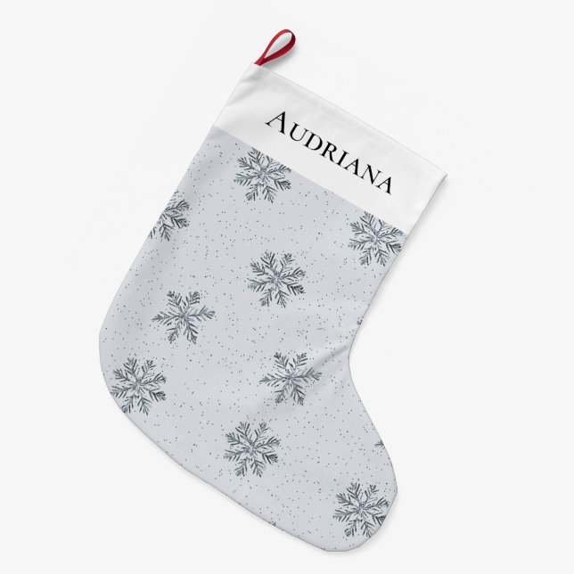Calcetín Navideño Grande Navidad Copos de Nieve Gris Plateado (Frente (Colgado))