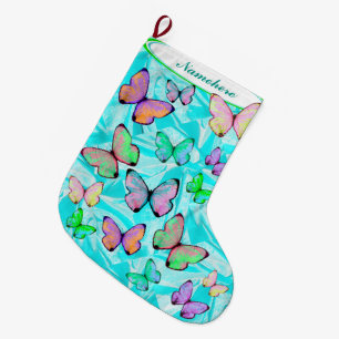Calcetín Navideño Grande ¡Navidad de la mariposa que almacena con nombre!